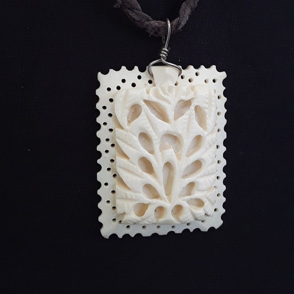 Vintage Hand Carved Batik Bone Pendant on Braided Leather Tribal Necklace, Amulet 1920s