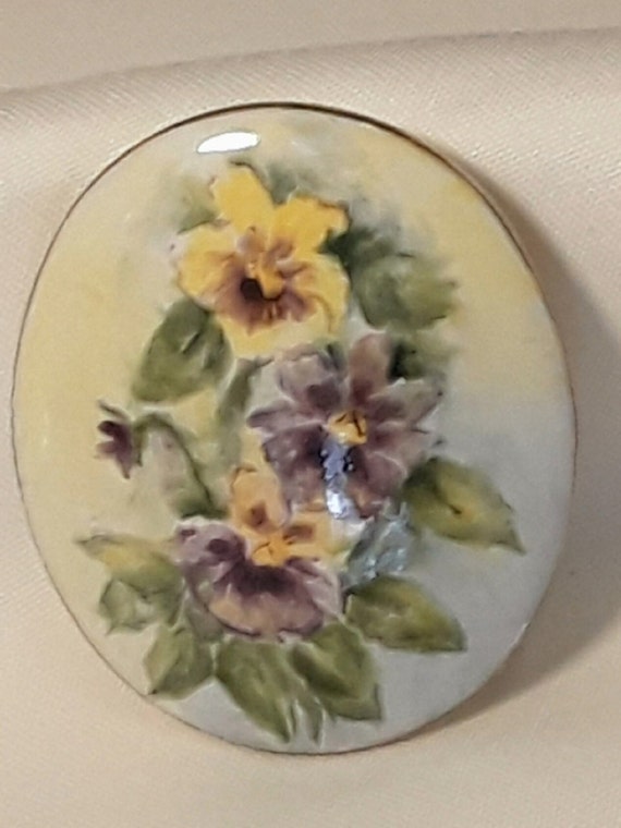 Vintage Edwardian Porcelain Brooch, Purple Violets