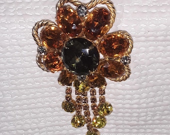 Vintage Mid Century 1950s/60s Drop Tassel Dangle Pin Brooch with Orange & Green Crystals
