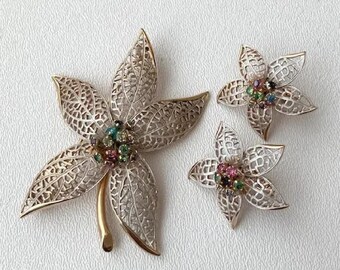 Poinsettia Flowers Trembler Brooch and Earrings Set with Colored Rhinestones