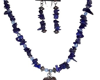 Collar y pendientes colgantes de plata de ley con cuentas de lapislázuli azul natural en bruto, con forma de corazón