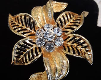 Vintage Pin Very Dimensional Large Flower Rhinestone Center Brooch with Filigree Patel's