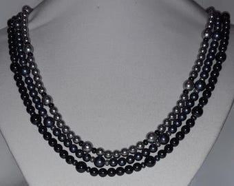 Collar de 3 cuentas desgarradas en cuentas negras, grises y plateadas de 27 pulgadas de largo y cierre de pinza de langosta
