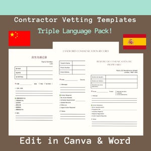 May include: A brown graphic with the text "Contractor Vetting Templates Triple Language Pack!" and forms in English, Spanish, and Chinese. The image includes the flags of China and Spain, and the text "Edit in Canva & Word".