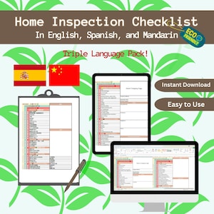 May include: A home inspection checklist in English, Spanish, and Mandarin. The image shows a clipboard, a tablet, and a computer screen displaying the checklist. The text includes "Instant Download" and "Easy to Use."