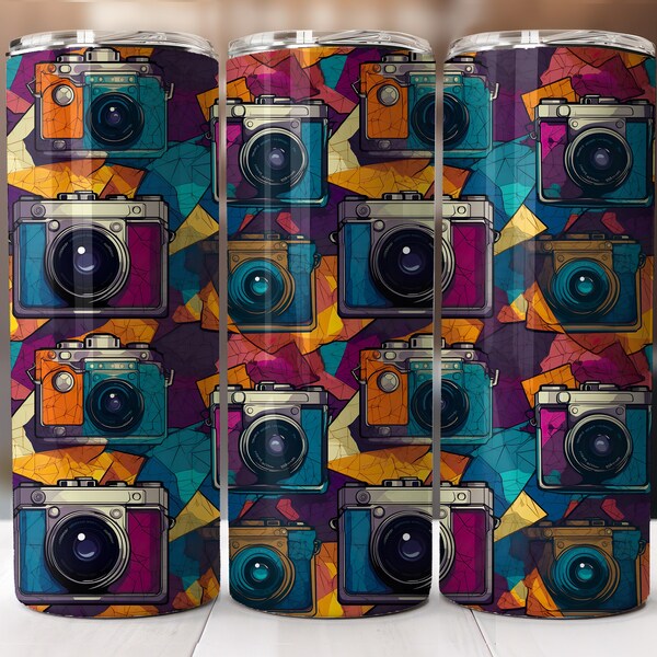 Artistic illustration Camera design, tumbler 20 oz seamless wrap image, old Cameras pattern image, sublimation image instant download