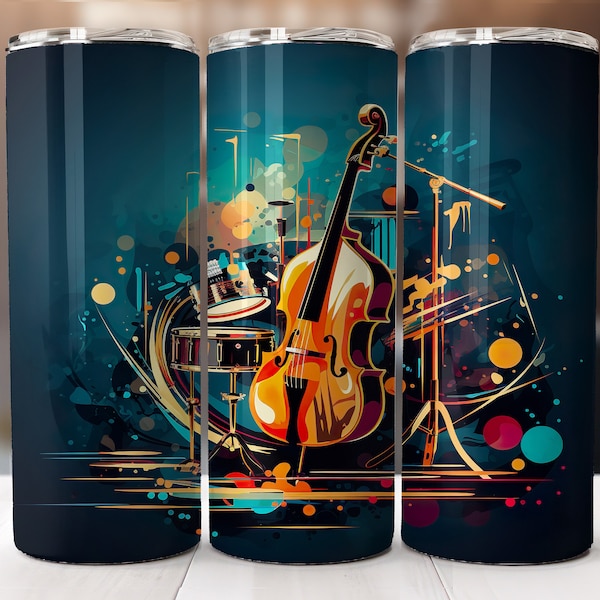 Muziekinstrumenten, blues jazz contrabas tuimelaar 20 oz, orkestinstrument naadloze wrap tuimelaar, muziekinstrumenten sublimatie afbeelding downloaden