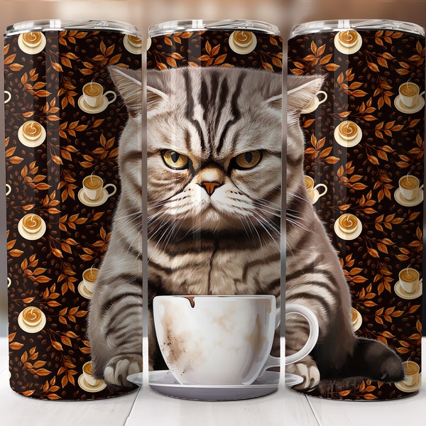 Grumpy coffe cat 20 oz seamless tumbler, American Shorthair cat design, Realistic Shorthair Caffee Cat sublimation wrap Tumbler design