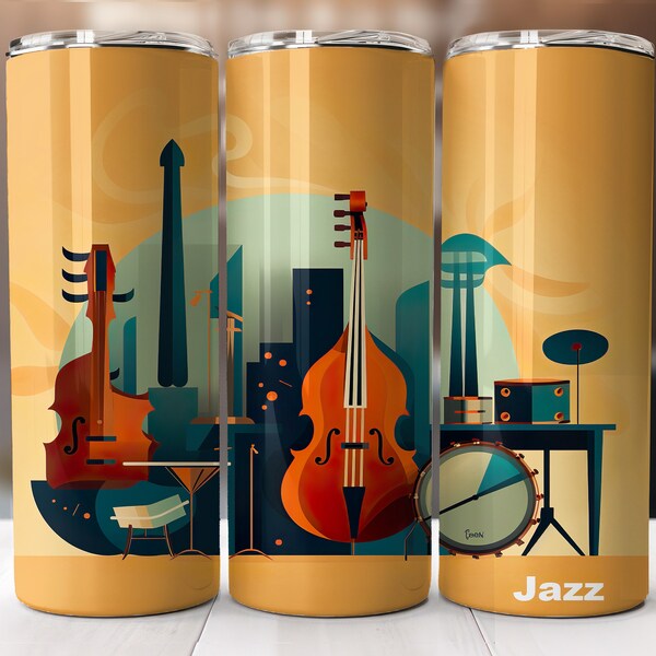 Muziekinstrumenten, blues jazz contrabas tuimelaar 20 oz, orkestinstrument naadloze wrap tuimelaar, muziekinstrumenten sublimatie afbeelding downloaden