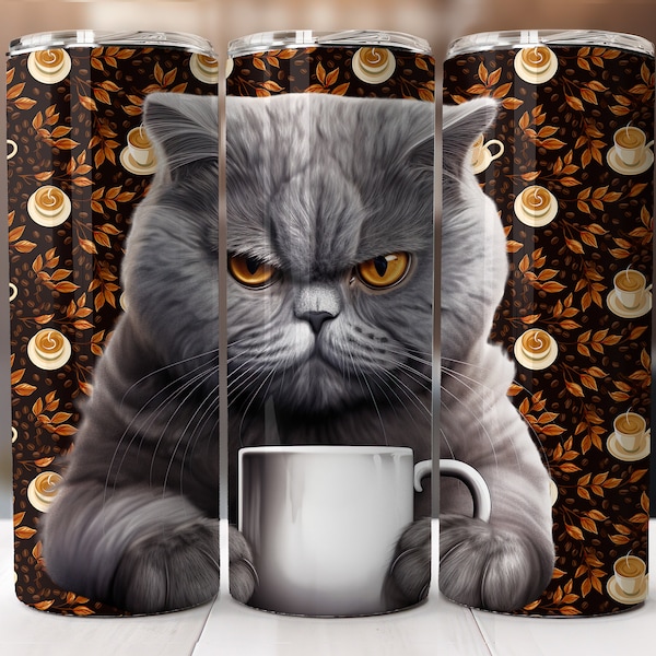 Grumpy coffe cat 20 oz seamless tumbler, Chartreux grumpy cat design, Realistic Chartreux  Caffee Cat sublimation wrap Tumbler design