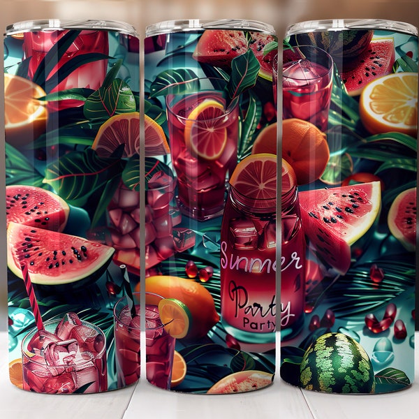 Tropical party tumbler sublimated wrap 20 oz, Exotic summer drinks sublimation prints, seamless skinny Summer party cocktails tumbler art