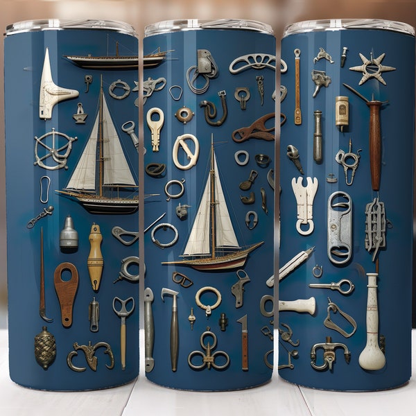 Nautical instruments design, tumbler 20 oz seamless, sailing tools sublimation image, maritime gadgets collection wrap png, boat gear image