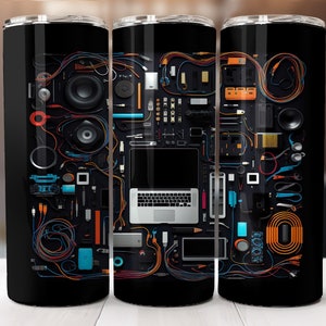 Electronic gadgets tools pattern design, tumbler 20 oz seamless, tech gadget design, electronic devices tech accessories, electronic set kit
