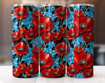 Poppies red flowers tumbler design 20 oz seamless sublimation poppy instant Download Tumbler Wrap