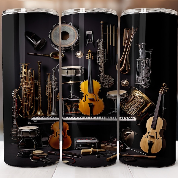 Musical instruments, guitars tumbler  20 oz, orchestra instrument seamless wrap tumbler, music tools  sublimation image instant Download