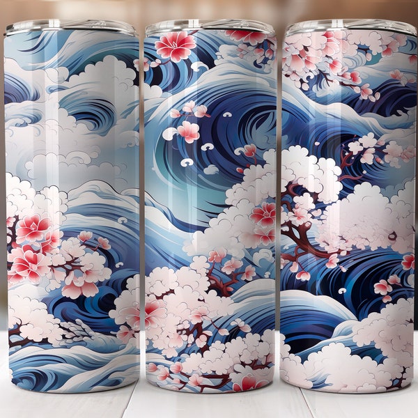 Japanese Style design tumbler 20 oz, seamless tumbler Japanese blue white waves, japan wrap design sublimation instant Download Tumbler Wrap