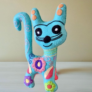 Handmade Cat Plush – Collection | Colorful Embroidered Felt Cat | 25cm | Mexican Artisan Gift