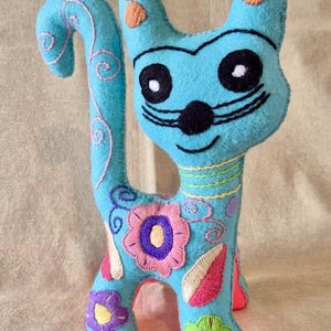 Handmade Cat Plush – Collection | Colorful Embroidered Felt Cat | 25cm | Mexican Artisan Gift