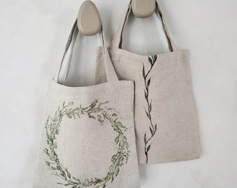 Natural linen gift bag with handles | Handmade nature ornament print