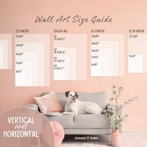 Minimalistische perzik interieur muurkunst maattabel mockup muur kunst vergelijkingstabel merk gebouw esthetiek listing afdrukverhouding geleidehond bank