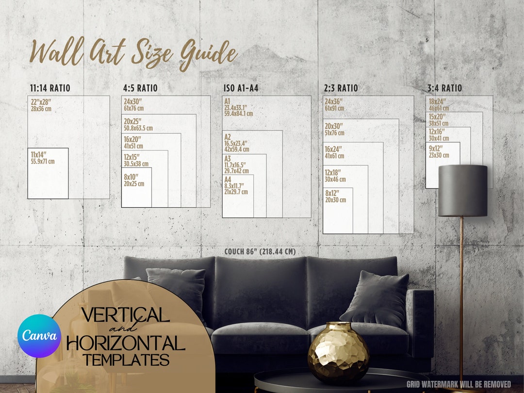 Horizontal Sizing Editable Wall Art Size Guide: Gray, Gold, Horizontal & Vertical Frame ...