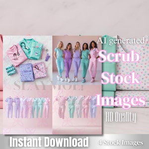 Scrub Stock Image Bundle | 4 AI-Generated Medical Scrubs Photos | Cute Pastel Nurse Uniforms | | Healthcare Brand Content