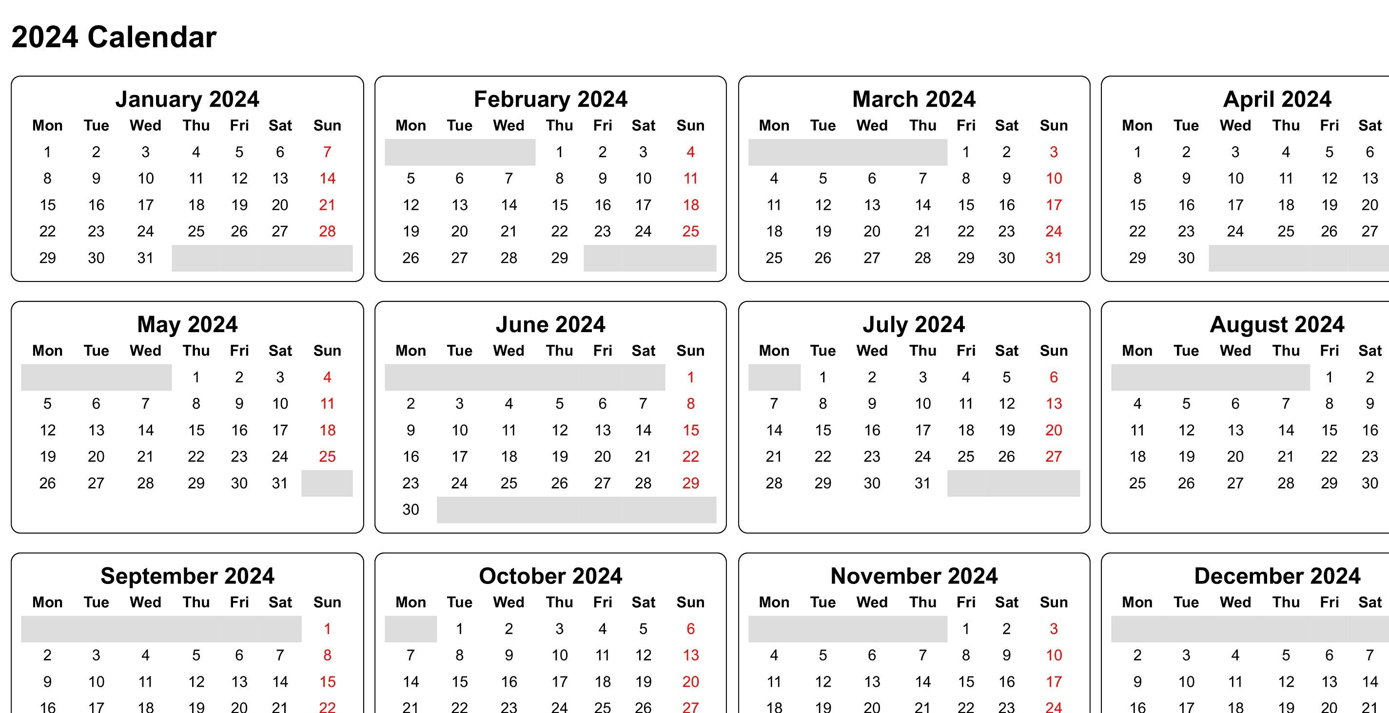 2024 Calendar Printable Calendar 2024 Landscape Calendar 2024