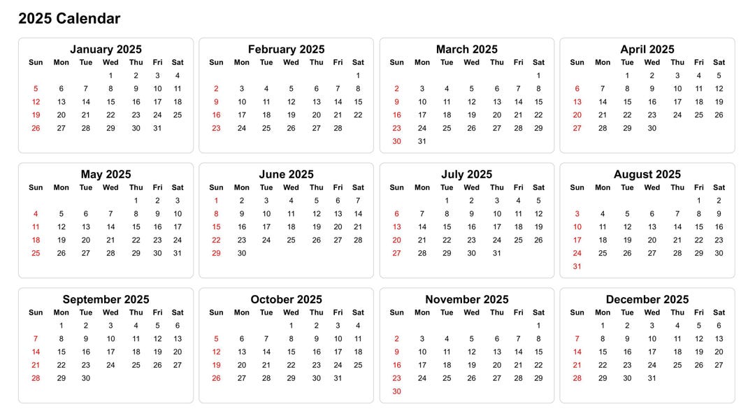 2025 Calendar Printable Calendar 2025 Landscape Calendar 2025