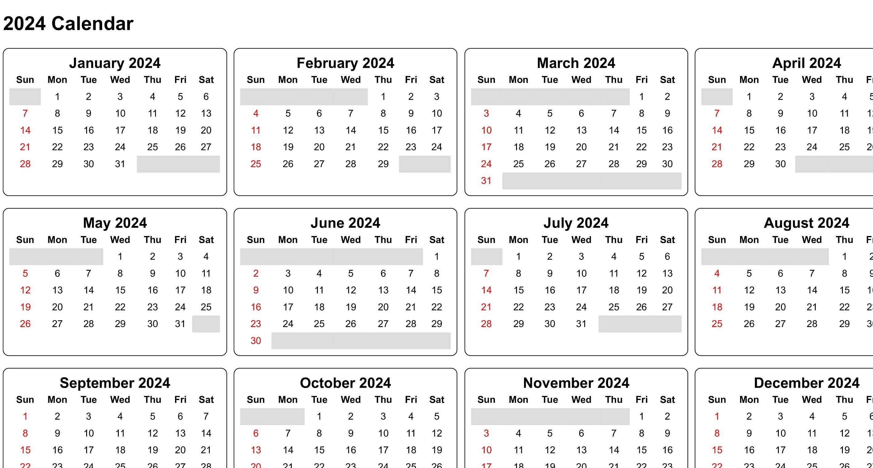 2024 Calendar Printable Calendar 2024 Landscape Calendar 2024
