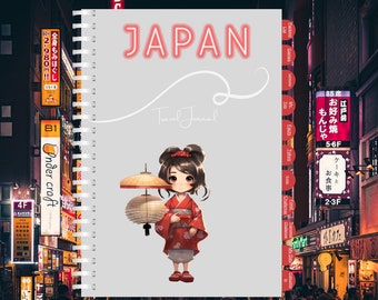 May include: A gray travel journal with a spiral binding. The cover features the word "JAPAN" in red neon lettering and a cartoon illustration of a girl in a red kimono holding a paper lantern and an umbrella.