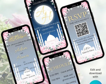 Modèle numérique d'invitation de mariage musulman bleu nuit Modèle d'invitation de mariage modifiable Canva Invitation de mariage mobile RSVP