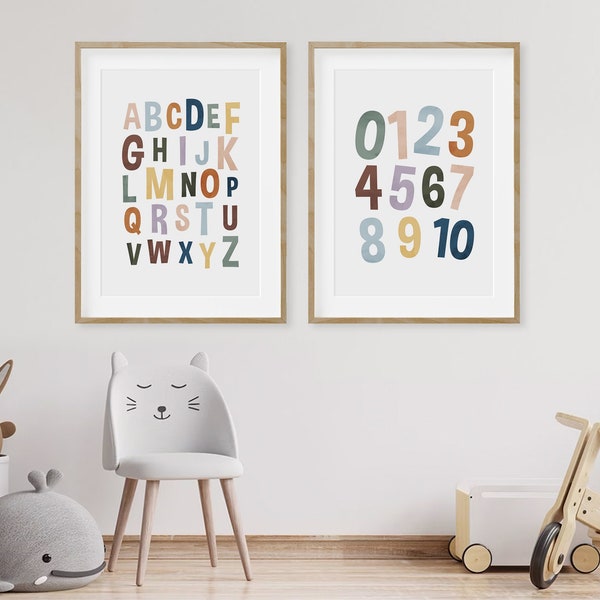 Set of 2 Educational Posters For Kids, Classroom Posters, Alphabet and Number Printable, Homeschool Printables, Playroom Wall Art Printable