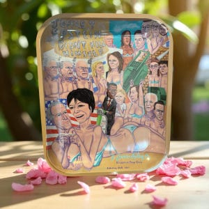 May include: A rectangular, clear tray with a cartoon illustration featuring several figures in swimwear. The tray has the text "JEFFREY EPSTEIN DIDN'T KILL HIMSELF" and "Billionaire Boys Club" on it. Pink flower petals are scattered around the tray.