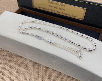 Personalisierter Silber-Rosenkranz, 925 Sterlingsilber-Tasbih, Gümüş Tesbih, Silber-Tasbeeh, Geschenk für ihn, Geschenk für Liebe, personalisierte Box