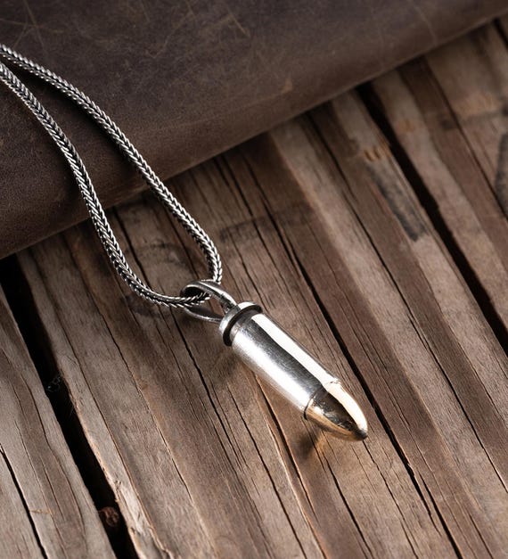 925 Sterling Silver Bullet Necklace for Men, Mens Silver Bullet