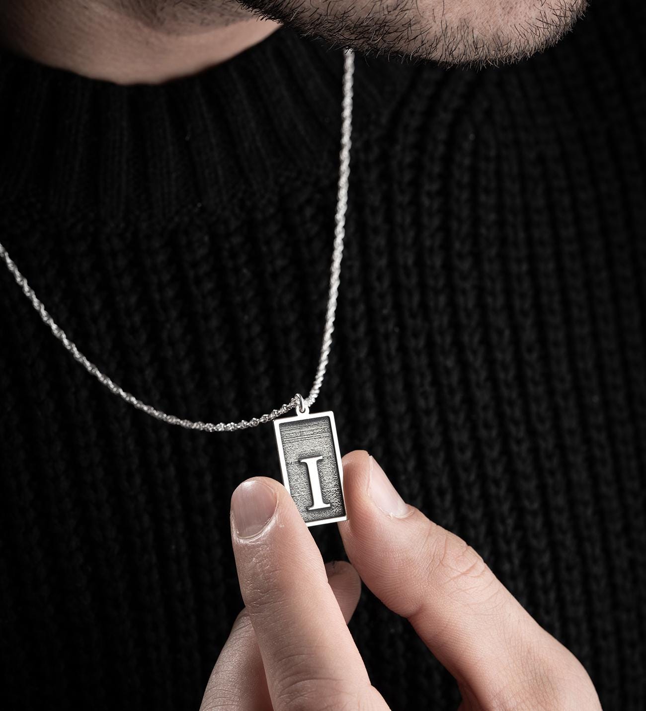 925スターリングシルバー製イニシャル「I」ネックレス（メンズ、特別 
