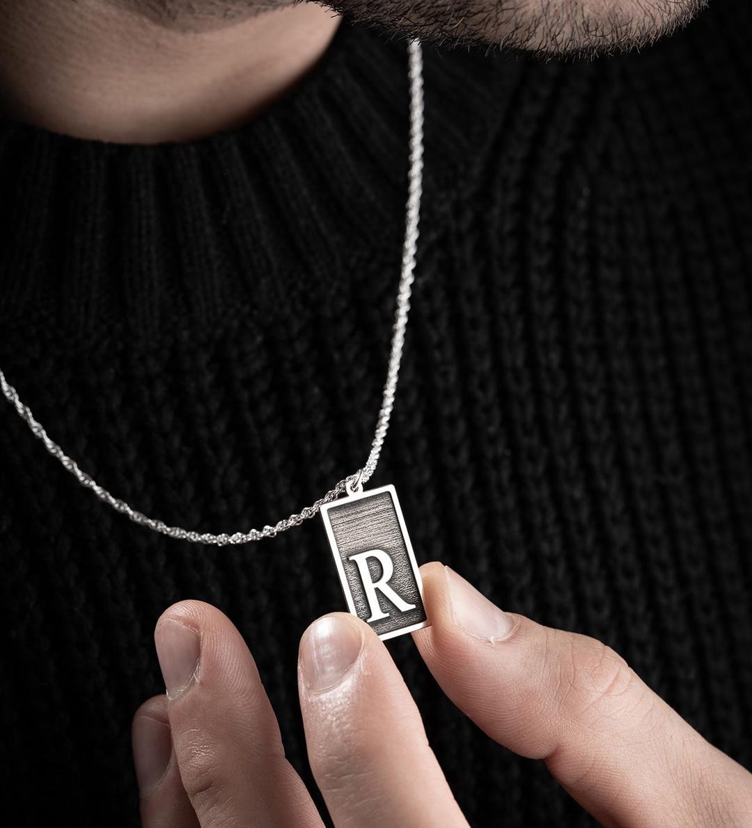 925スターリングシルバー製イニシャル「R」ネックレス（メンズ、特別 