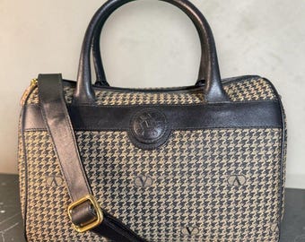 Valentino Garavani Vintage Houndstooth Logo Barrel Bag w/Black Leather Trim COA