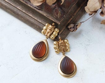 Handgemaakte vintage kattentopaas cabochon messing oorbellen