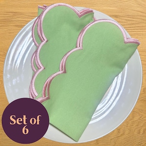 Scallop Cotton Napkins | Mint Green & Pink Cotton Napkins | Set of 6 Reusable Cloth Napkins | Bright Napkins | Kitsch napkins |Retro Napkins