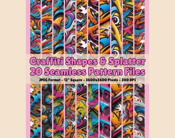 May include: Twenty seamless digital paper patterns featuring colorful graffiti shapes and splatters in a variety of colors, including blue, green, yellow, orange, pink, and red. The patterns are 12 inches square and 3600x3600 pixels at 300 DPI.