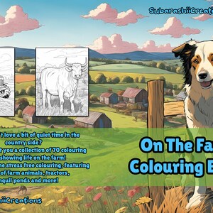 May include: A coloring book cover featuring a cartoon dog sitting on a fence with a farm scene in the background. The cover text reads "On The Farm Coloring Book".