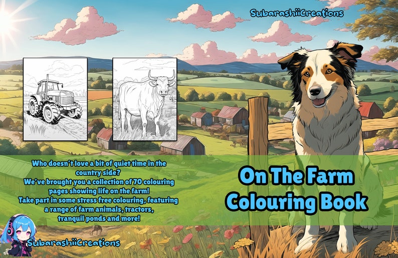 May include: A coloring book cover featuring a cartoon dog sitting on a fence with a farm scene in the background. The cover text reads "On The Farm Coloring Book".