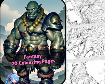 Fantasy Colouring Book - 70 High Fantasy Coloring Pages, JPEG & PDF, For All ages, Instant Download, Elves, Orcs, Goblins, Dragons