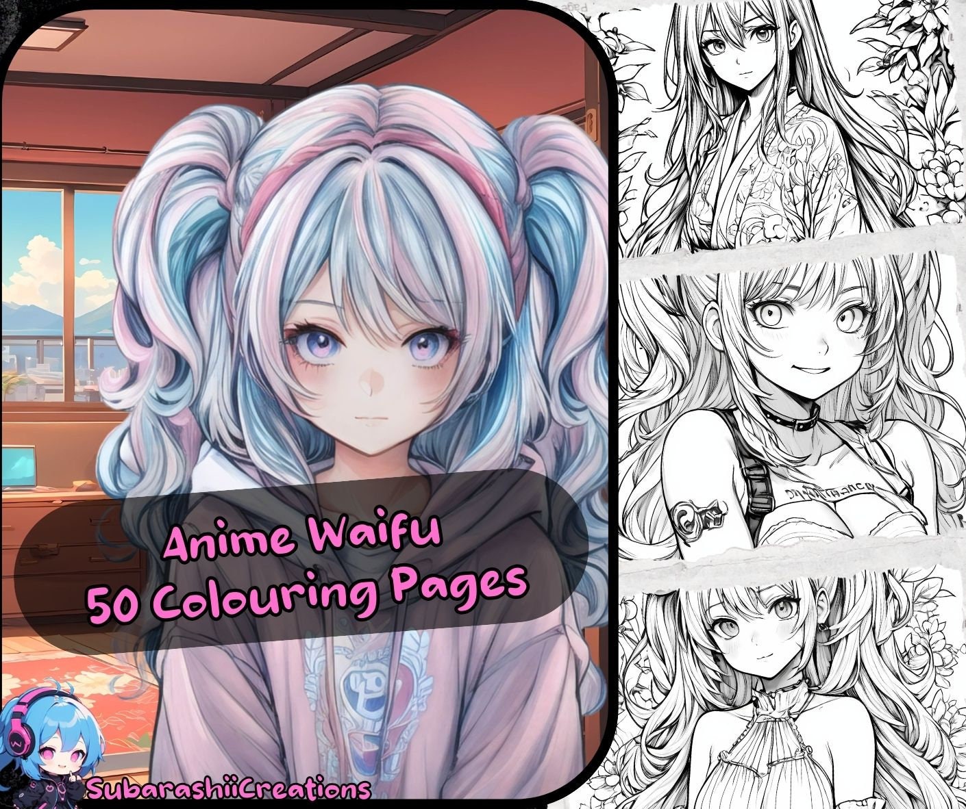 Anime Colouring, Waifu Edition, Volume 2 - 50 Colouring pages to print at home or colour digitally