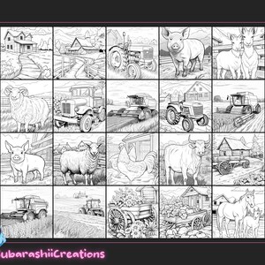 May include: A black and white illustration of a farm scene with various animals, tractors, and farm equipment. The illustration is divided into 16 squares, each featuring a different farm element.