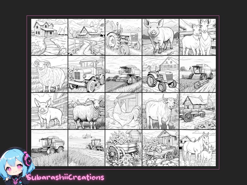 May include: A black and white illustration of a farm scene with various animals, tractors, and farm equipment. The illustration is divided into 16 squares, each featuring a different farm element.