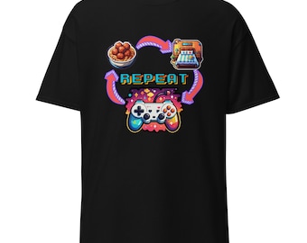 Mangia, dormi, gioca, ripeti - T-shirt unisex, Elementi essenziali per i giocatori, maglietta da gioco retrò, maglietta nerd, maglietta meme, design divertente, divertente, controller