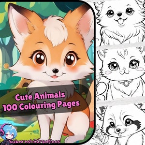 Cute Animals Colouring Book, 100 pages of adorable animals to print at home or colour digitally! Kawaii images,
