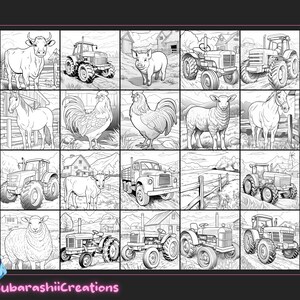 May include: A black and white coloring page featuring a variety of farm animals and tractors. The animals include a cow, pig, rooster, sheep, and horse. The tractors are all different styles and sizes.